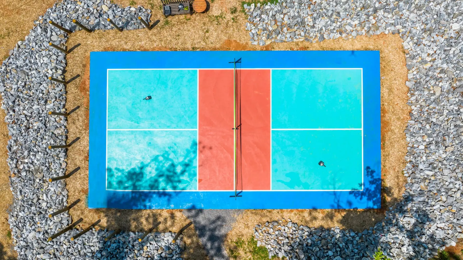 An aerial view of the Pickleball Court - viewable from all areas of the home!