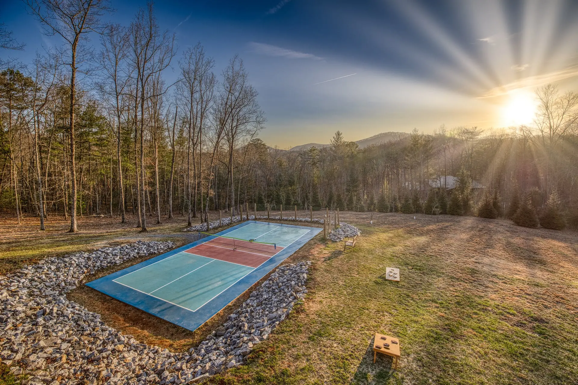 Private pickleball court + cornhole with sweeping mountain sunsets