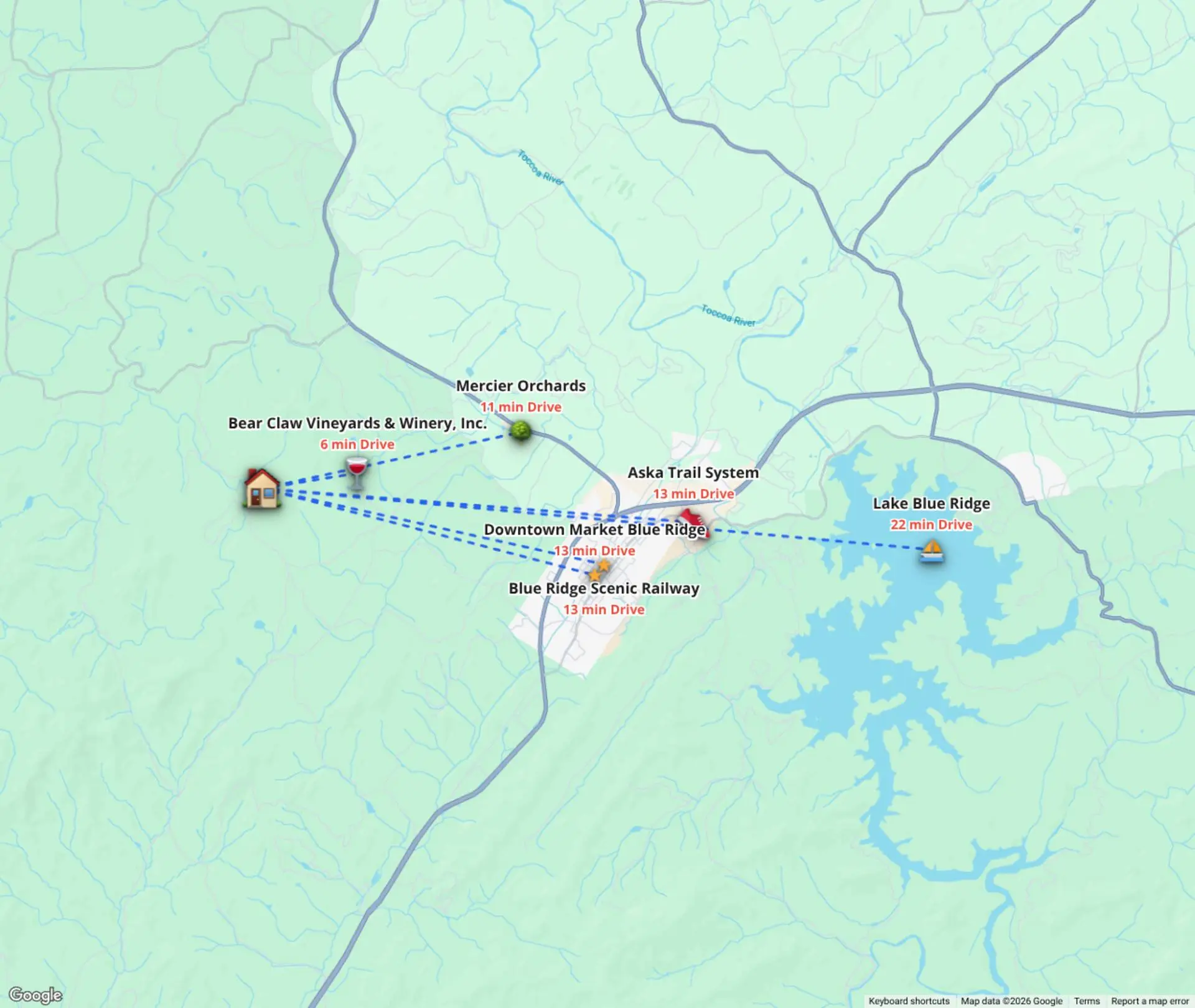 Map of Blue Ridge attractions near the cabin